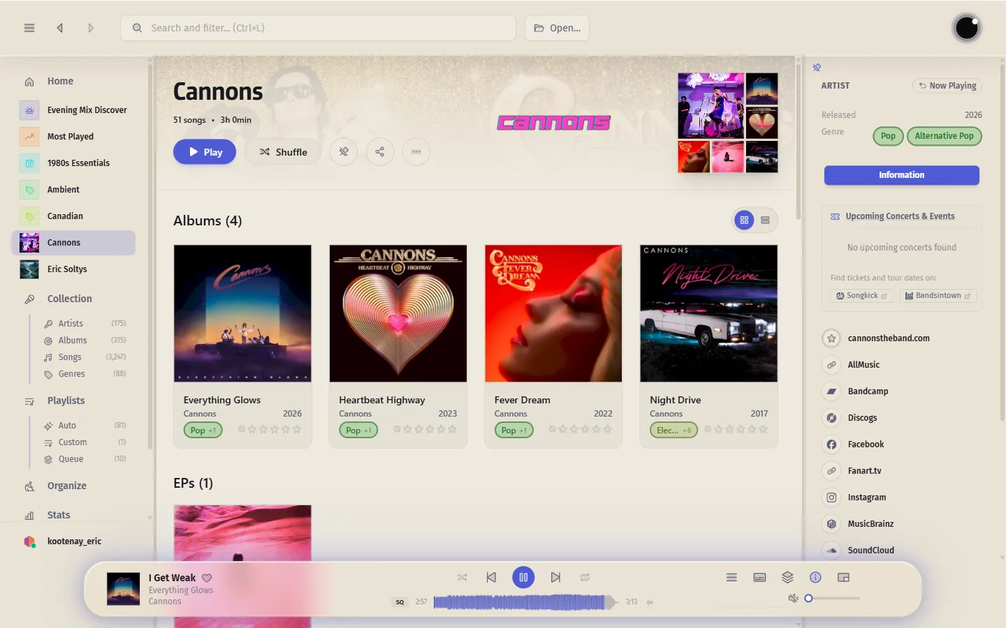 Artist page with logo, bio, and upcoming concerts